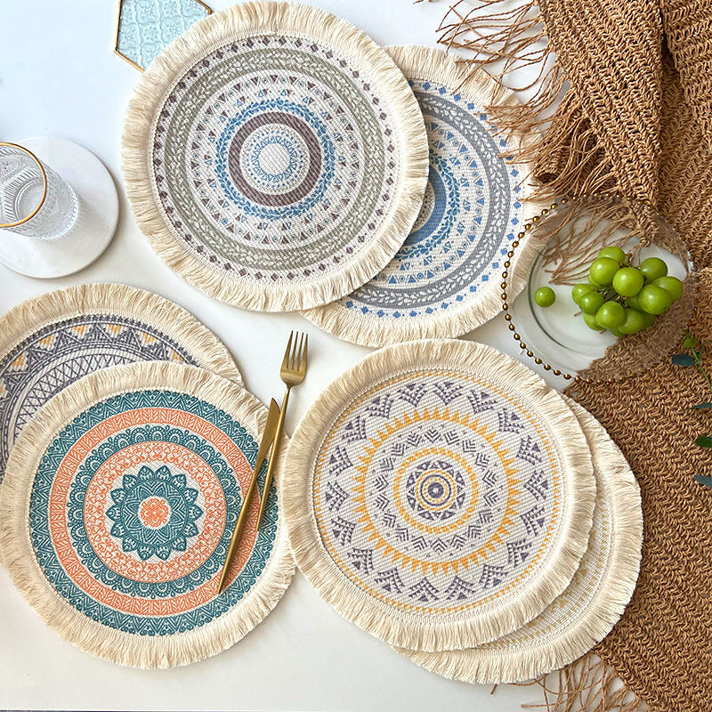 4 Pcs Beige and Purple Boho Chic Woven Cotton Placemat with Tassels - Nordic Bohemian Style(Tableware is a prop for shooting and is not included)