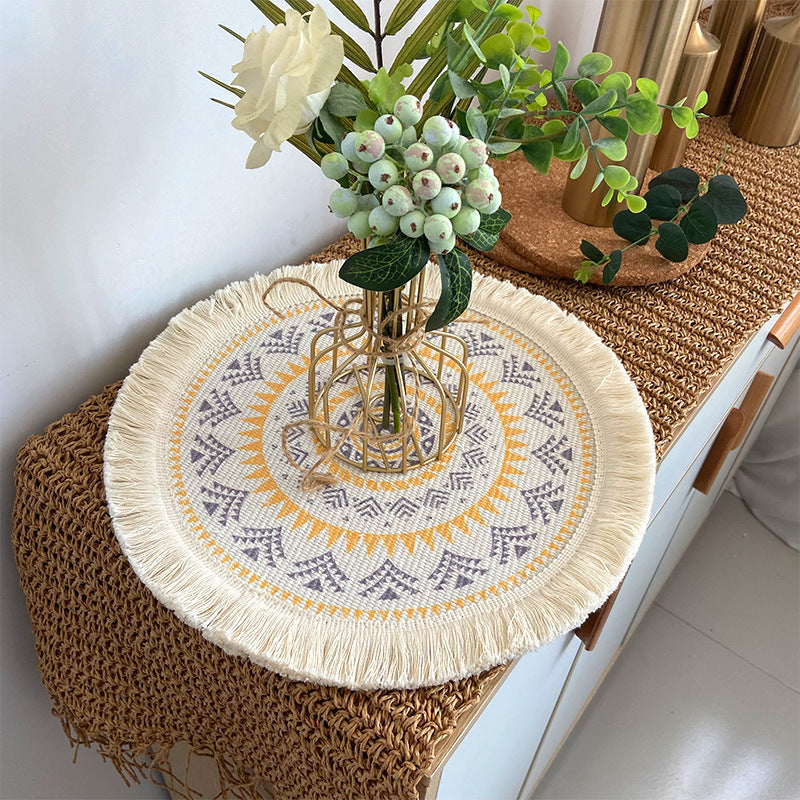 4 Pcs Beige and Orange Boho Chic Woven Cotton Placemat with Tassels - Nordic Bohemian Style(Tableware is a prop for shooting and is not included)