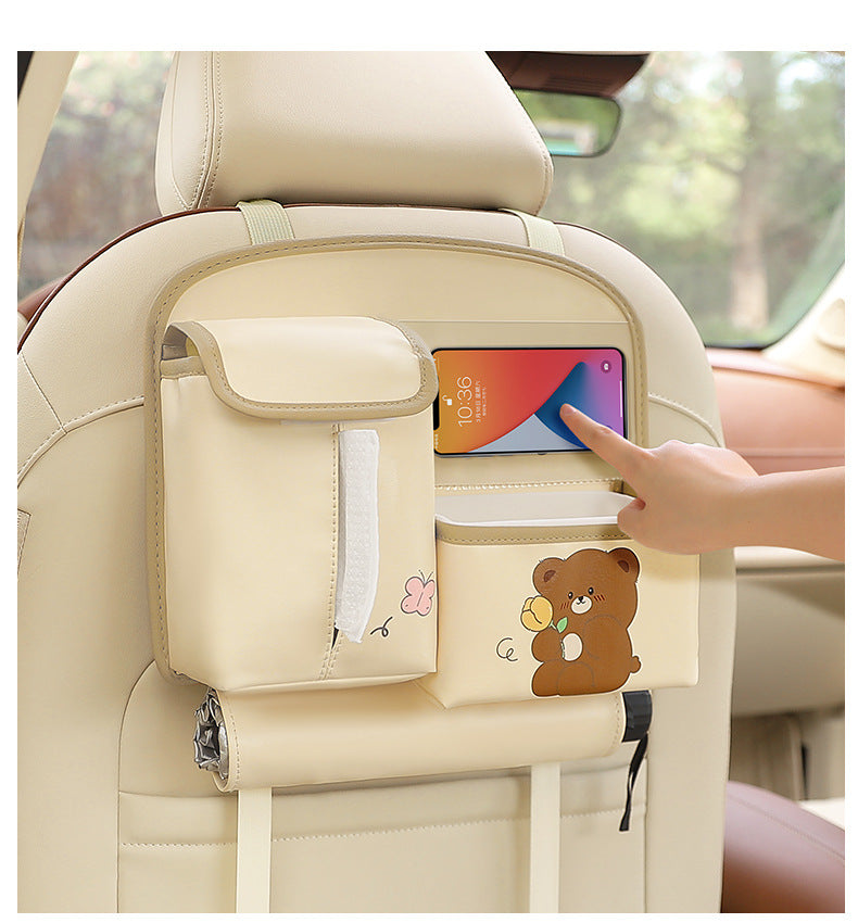 Pink Cute Cartoon Car Backseat Organizer with Multi-Pocket Storage and PP Trash Bin - 400g Lightweight PU Leather