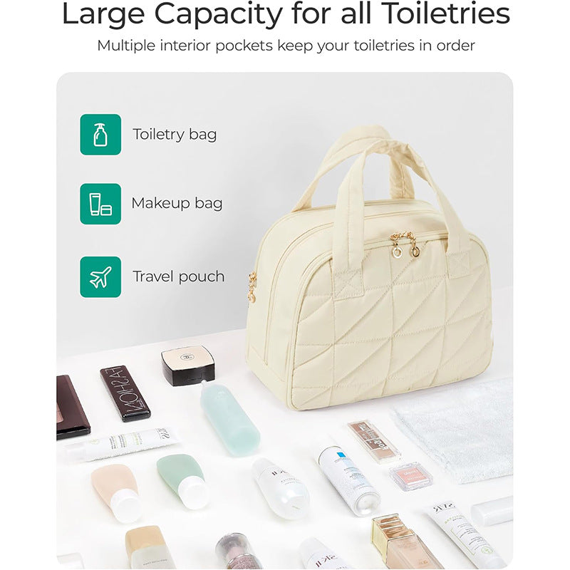 Khaki Large Capacity Travel Toiletry Bag with Wide Opening - Puffy Nylon Makeup Organizer with Waterproof PVC Layer