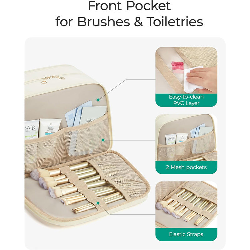 Khaki Large Capacity Travel Toiletry Bag with Wide Opening - Puffy Nylon Makeup Organizer with Waterproof PVC Layer