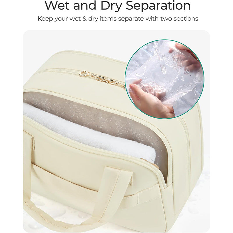 Khaki Large Capacity Travel Toiletry Bag with Wide Opening - Puffy Nylon Makeup Organizer with Waterproof PVC Layer