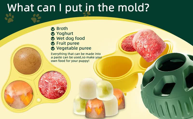 Green Ball and Yellow Mold Pet Treat Dispensing Ball and Molding Set - Silicone Dog Chew Toy for Teeth Cleaning and Boredom Relief