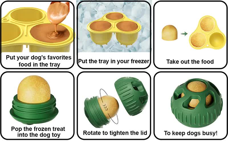 Blue Ball and Yellow Mold Pet Treat Dispensing Ball and Molding Set - Silicone Dog Chew Toy for Teeth Cleaning and Boredom Relief