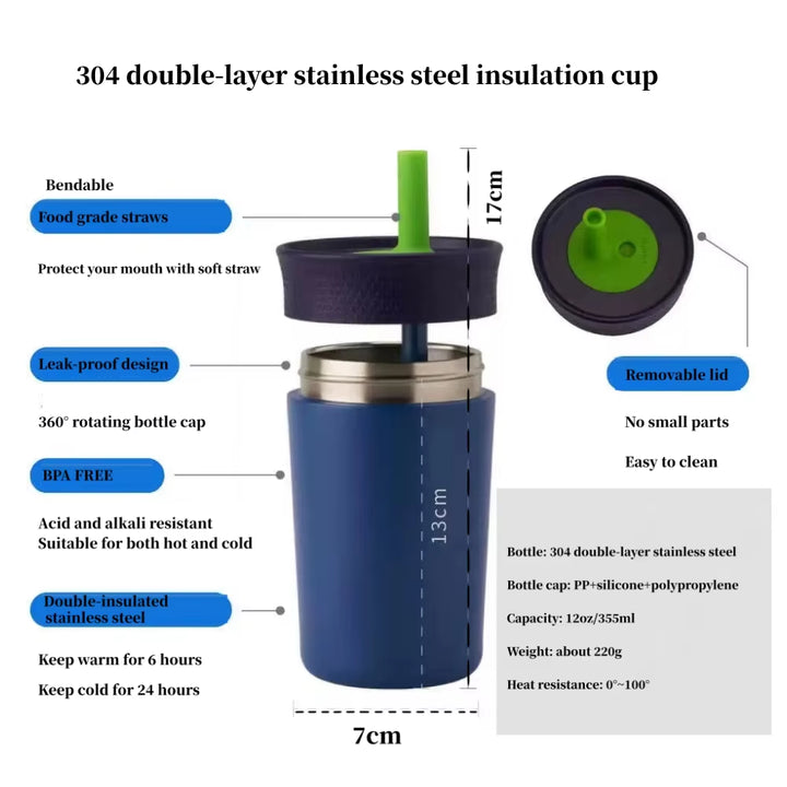 2 Pcs Green 12oz Insulated Tumbler with Straw - 304 Stainless Steel, BPA-Free, Leak-Proof Coffee Mug for Hot and Cold Drinks