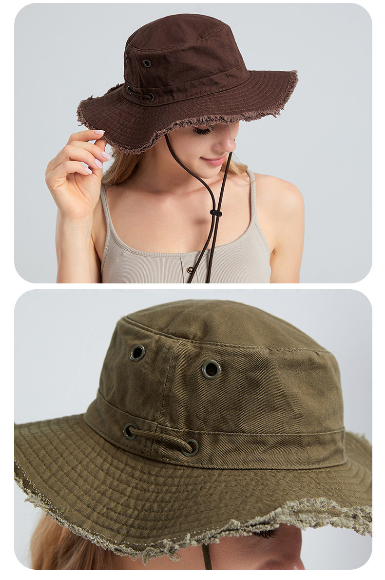 Coffee Packable Cotton Bucket Hat - Folds into Wearable Pouch | Frayed Edge Sun Hat with Chin Strap