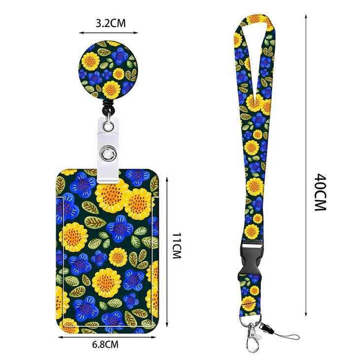 2 Pcs Blue Floral Pattern Retractable Badge Reel & ID Card Holder Set with Lanyard - Durable ABS Plastic