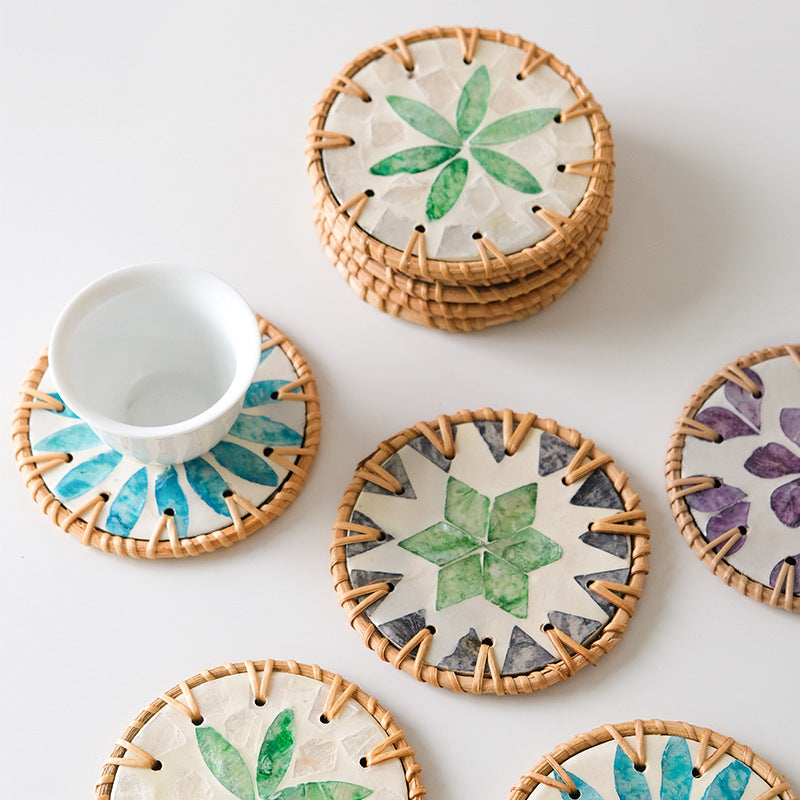 4 Pcs Beige Background With Green flower Handcrafted Rattan Coaster with Natural Shell Inlay - Decorative & Heat Insulating Drink Mat
