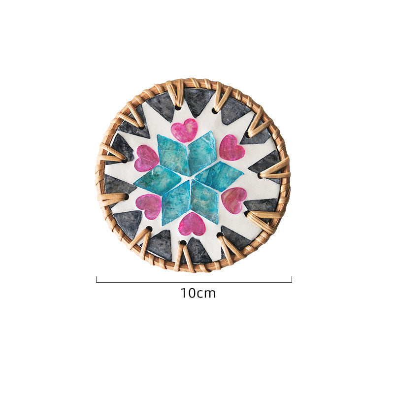 4 Pcs Beige Background With Blue and Pink flower Handcrafted Rattan Coaster with Natural Shell Inlay - Decorative & Heat Insulating Drink Mat