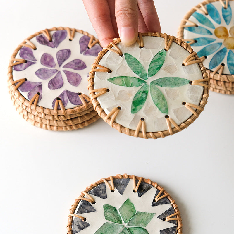 4 Pcs Beige Background With Blue and Pink flower Handcrafted Rattan Coaster with Natural Shell Inlay - Decorative & Heat Insulating Drink Mat