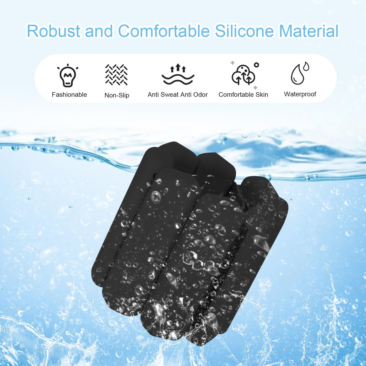 Black Adjustable Silicone Wrist & Ankle Weights - 2lb Pair (900g) | Comfortable Fitness Resistance Bands for Workout, Running, Training