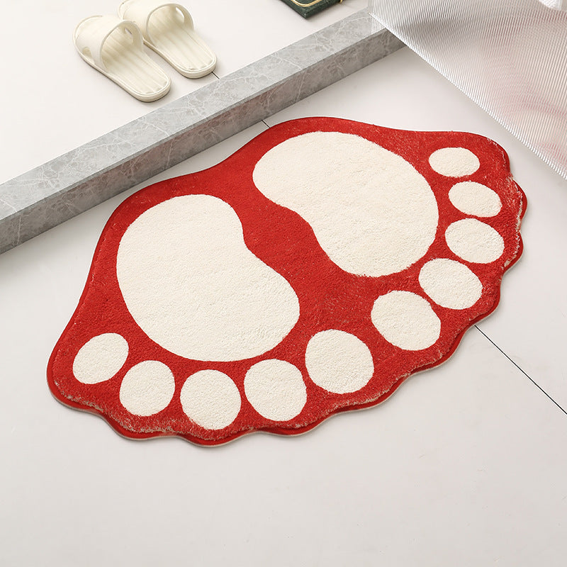 2 Pcs Red And White Foot-Shaped Plush Bath Mat - Non-Slip Absorbent Bathroom Rug for Bedroom and Doorway (50x80cm)