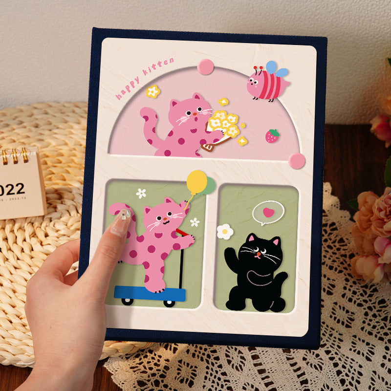 Cover 2 Colorful Cartoon cat pattern 6-Inch 100-Photo Cartoon Cat Album - Large Capacity Family Photo Storage Book with Suede and Crystal Cover