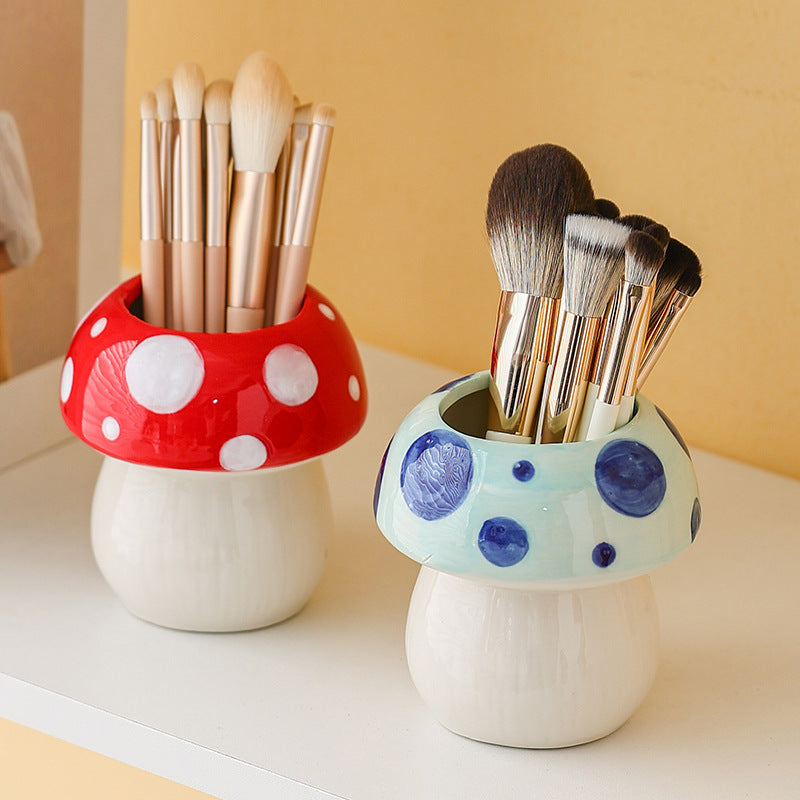 Red And White Adorable Ceramic Mushroom Desk Organizer - Cute Pen & Makeup Brush Holder