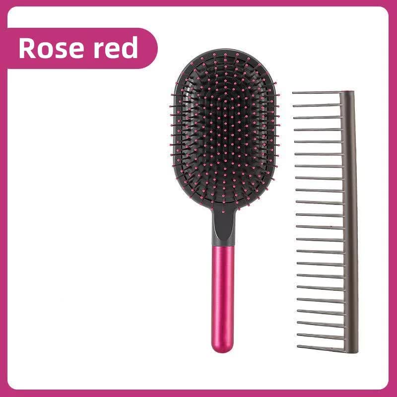 Rose Red Air Cushion Massage Paddle Brush & Wide Tooth Comb Set - Gentle Detangling for All Hair Types
