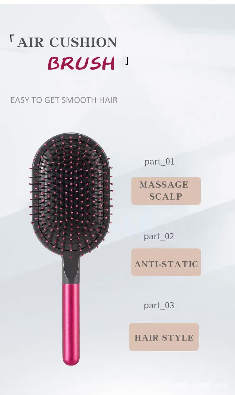 Rose Red Air Cushion Massage Paddle Brush & Wide Tooth Comb Set - Gentle Detangling for All Hair Types