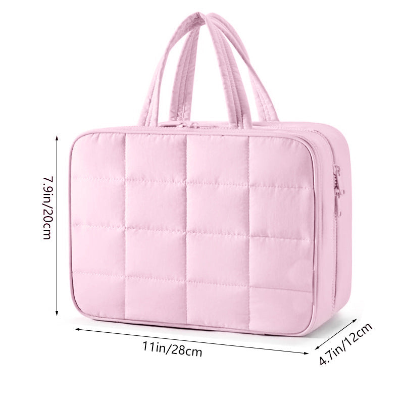 Size M Beige Quilted Hanging Toiletry Bag with Jewelry Organizer - Travel Cosmetic Case(28*12*20)