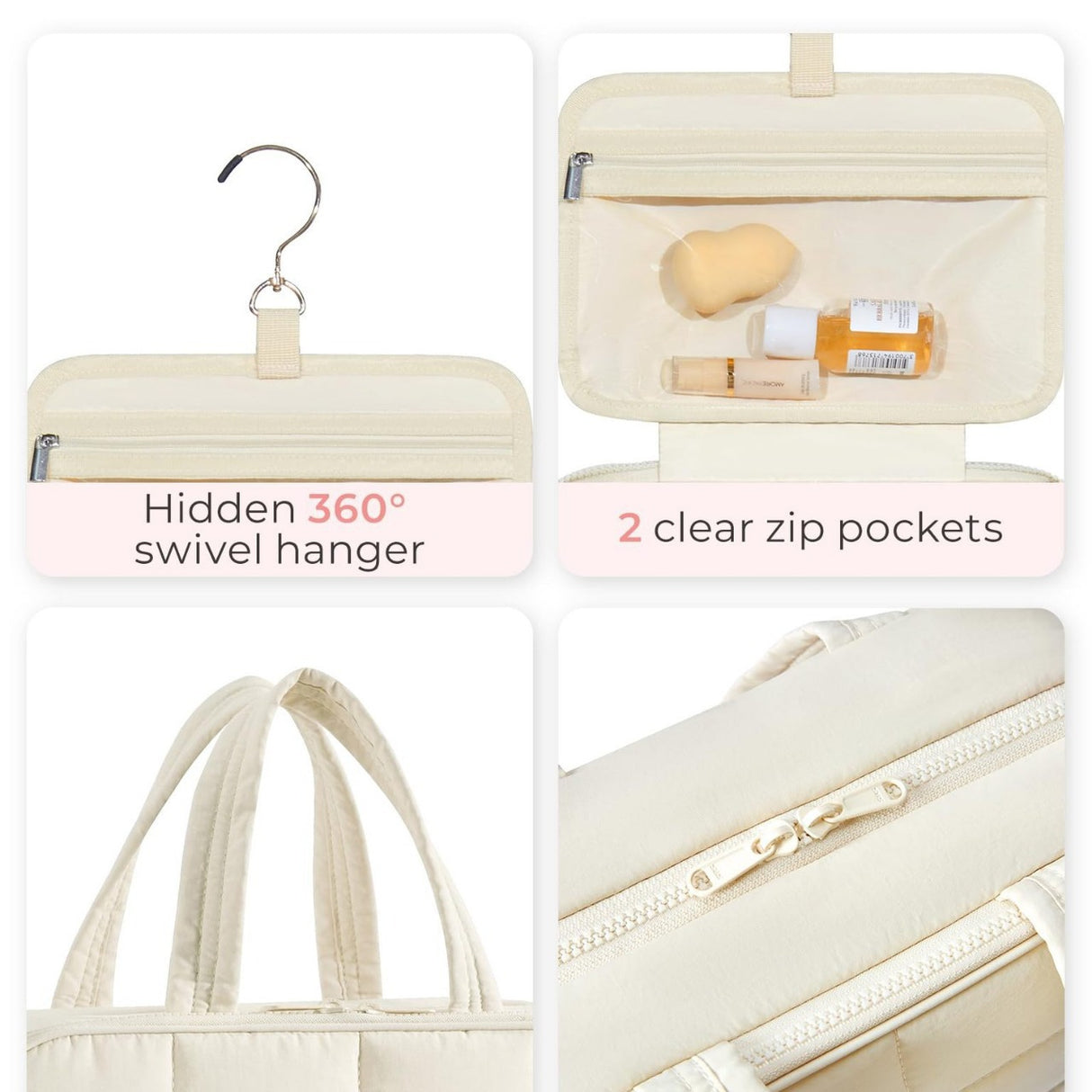 Size M Beige Quilted Hanging Toiletry Bag with Jewelry Organizer - Travel Cosmetic Case(28*12*20)