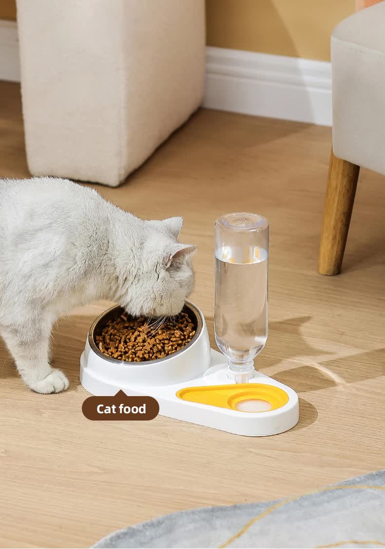 Green And Yellow Pet Bowl Set with Automatic Gravity Water Dispenser - Stainless Steel & PP Feeder Station