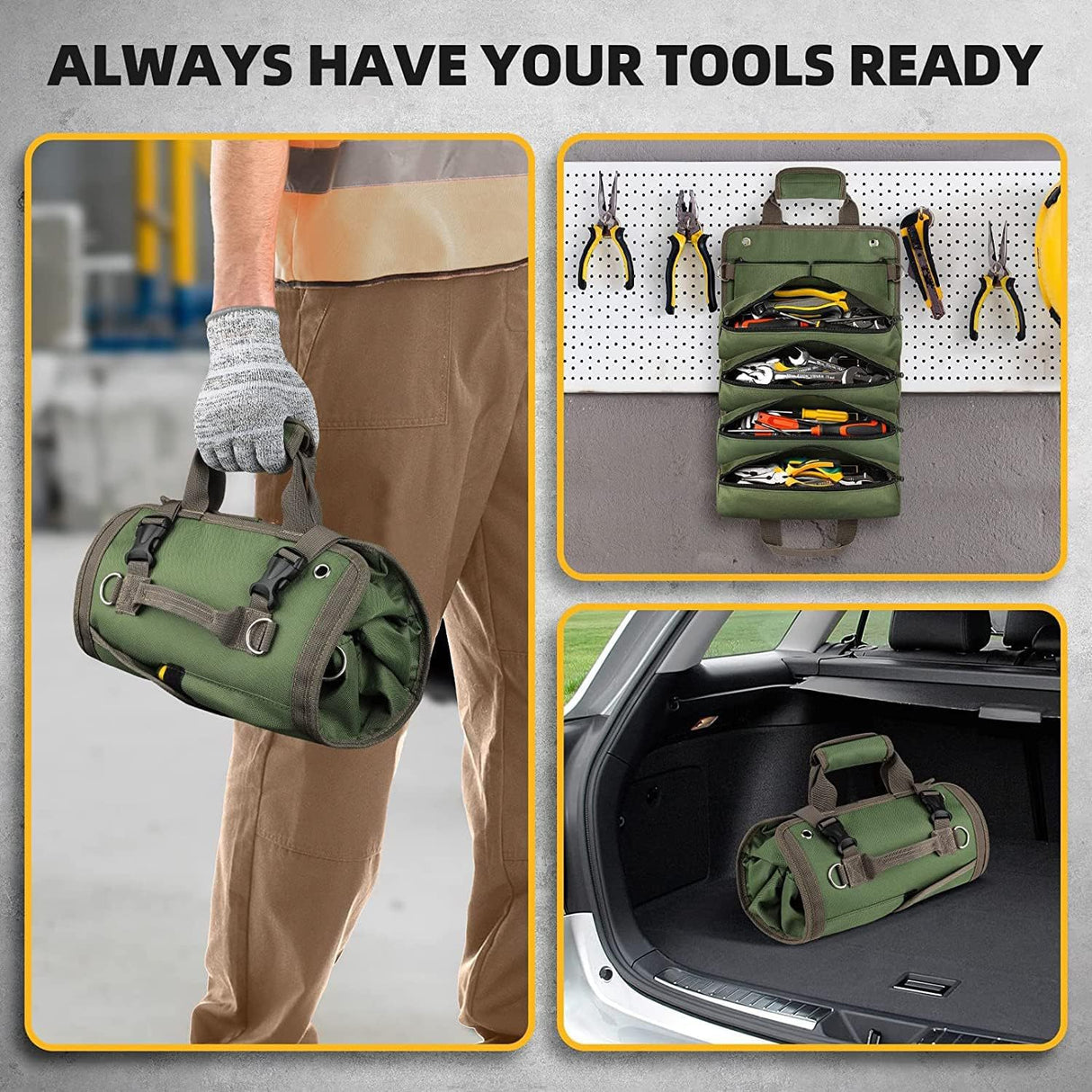Khaki Heavy Duty Roll-Up Tool Bag Organizer - Waterproof Oxford Fabric Pouch with Multiple Pockets