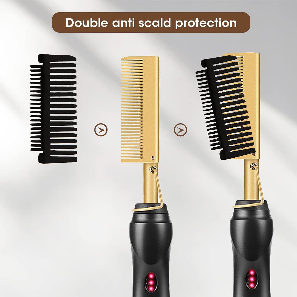 Black Electric Hot Comb Hair Straightener - Fast Heating Styling Tool with 3 Temp Settings & Anti-Scald Guard