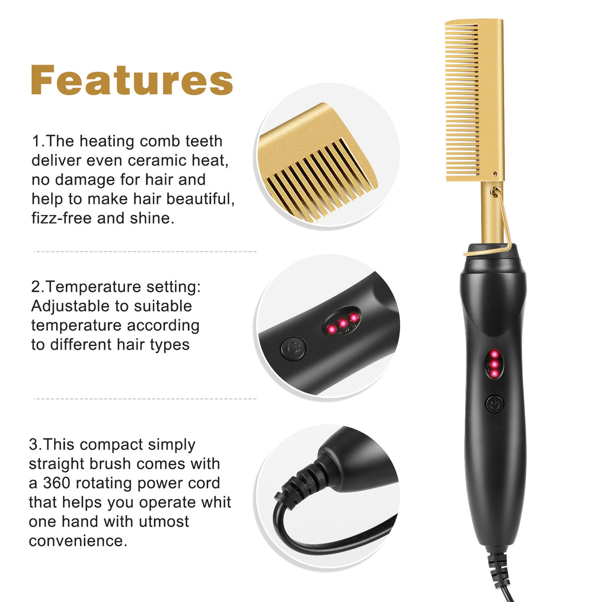 Black Electric Hot Comb Hair Straightener - Fast Heating Styling Tool with 3 Temp Settings & Anti-Scald Guard