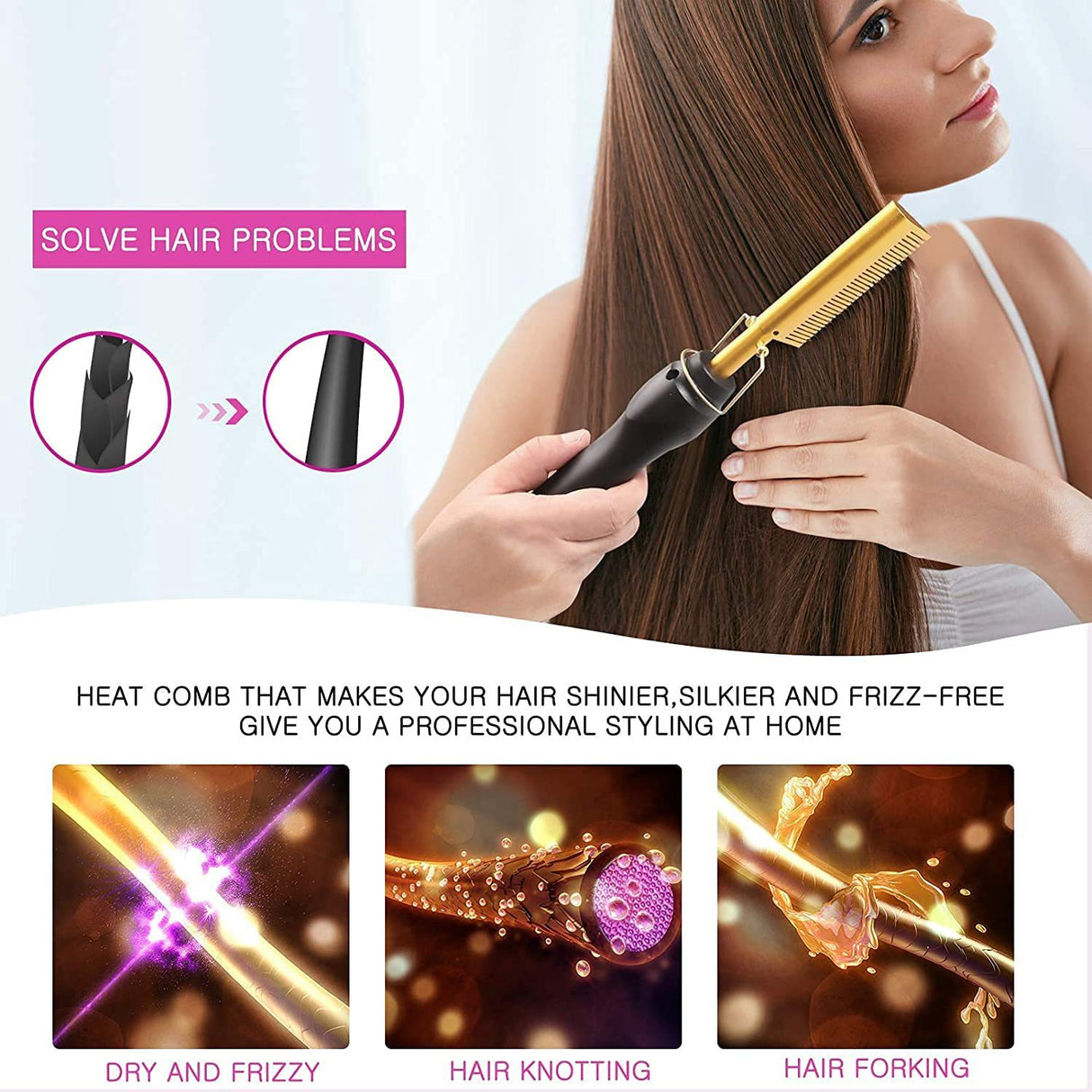 Colorful Electric Hot Comb Hair Straightener - Fast Heating Styling Tool with 3 Temp Settings & Anti-Scald Guard