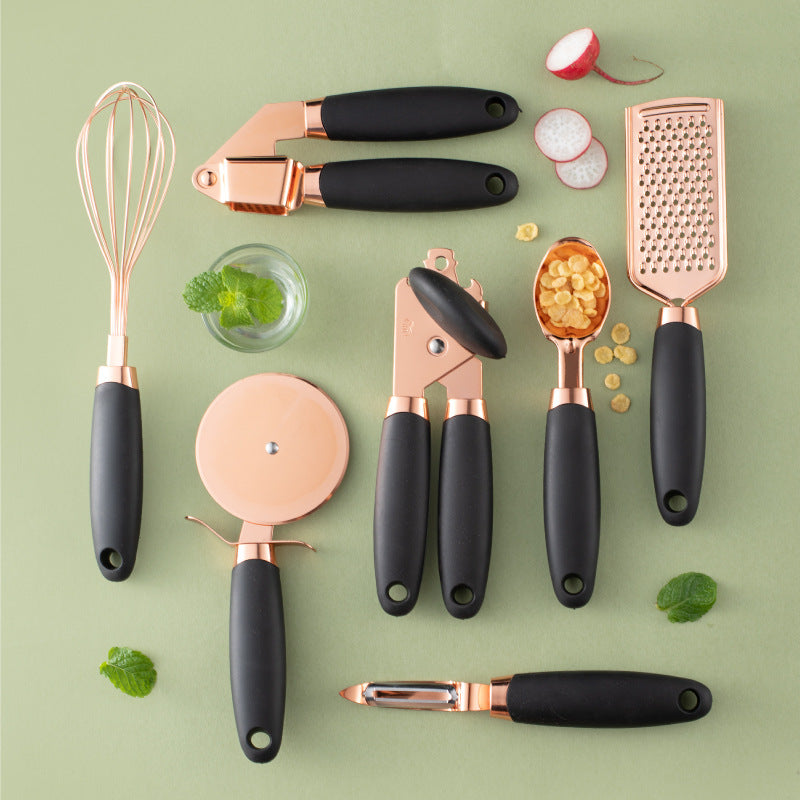 Black And Rose Gold 7-Piece Kitchen Gadget Set - Stainless Steel Utensils with Comfort Grip Handles