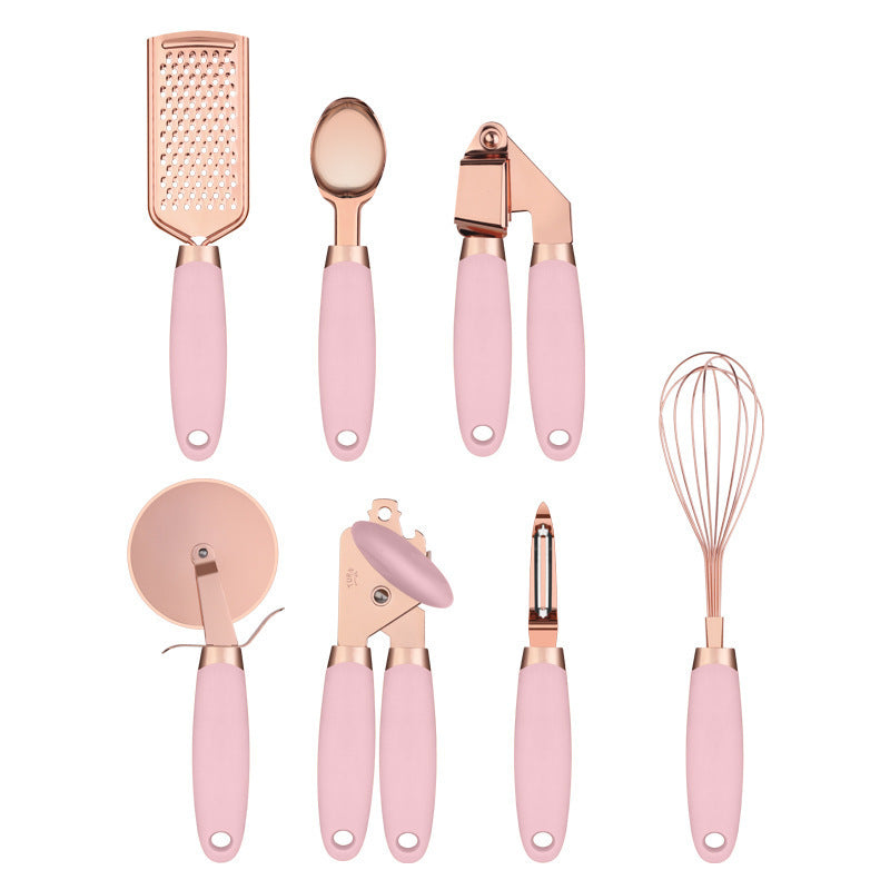 Pink And Rose Gold 7-Piece Kitchen Gadget Set - Stainless Steel Utensils with Comfort Grip Handles