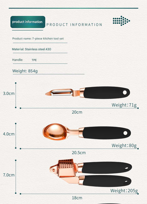 Blue And Rose Gold 7-Piece Kitchen Gadget Set - Stainless Steel Utensils with Comfort Grip Handles
