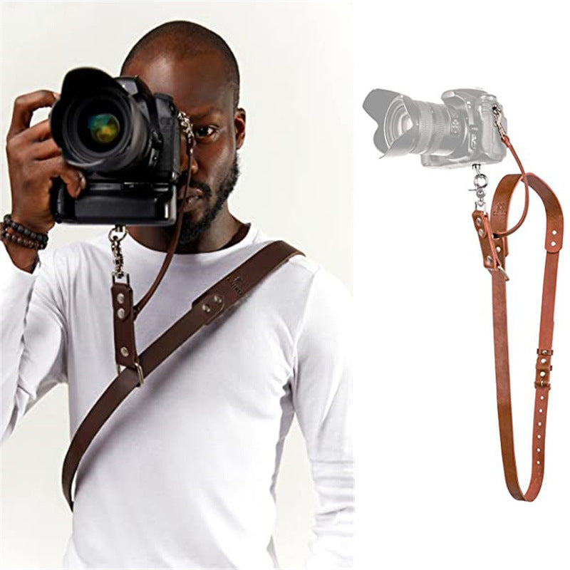 Brown Adjustable Genuine Leather Camera Strap - Crossbody Shoulder Sling for DSLR/SLR(The camera is a prop and is not included)