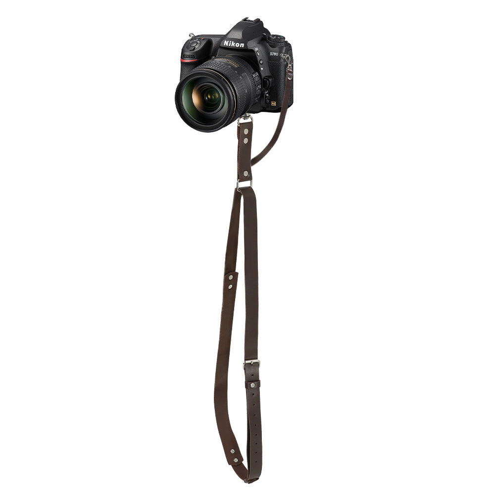 Black Adjustable Genuine Leather Camera Strap - Crossbody Shoulder Sling for DSLR/SLR(The camera is a prop and is not included)