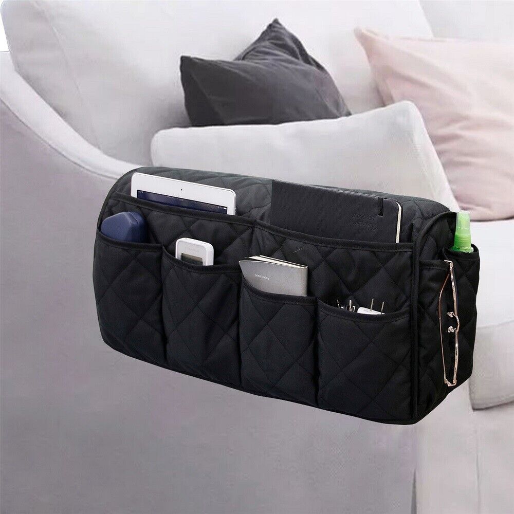 2 Pcs Grey Quilted Sofa Armrest Organizer Caddy - Multi-Pocket Remote Control Holder Bag