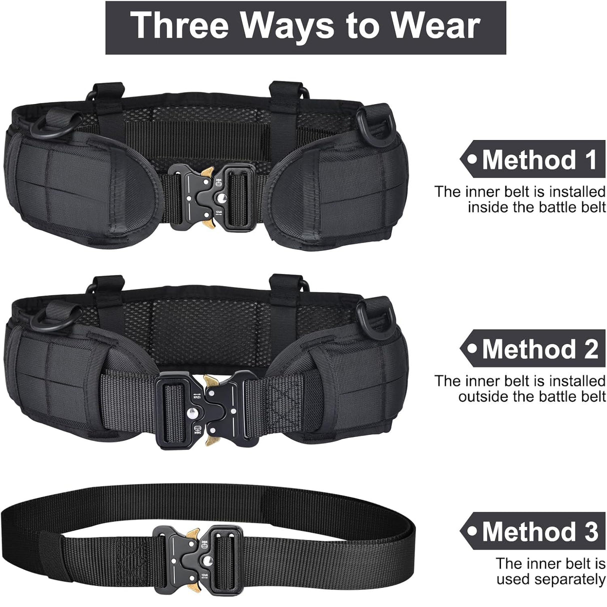 Black Adjustable Tactical Battle Belt Set - Padded MOLLE Outer & Nylon Inner Belt
