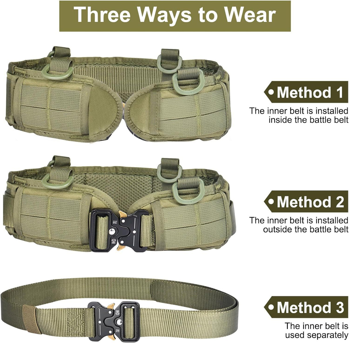 Green Adjustable Tactical Battle Belt Set - Padded MOLLE Outer & Nylon Inner Belt