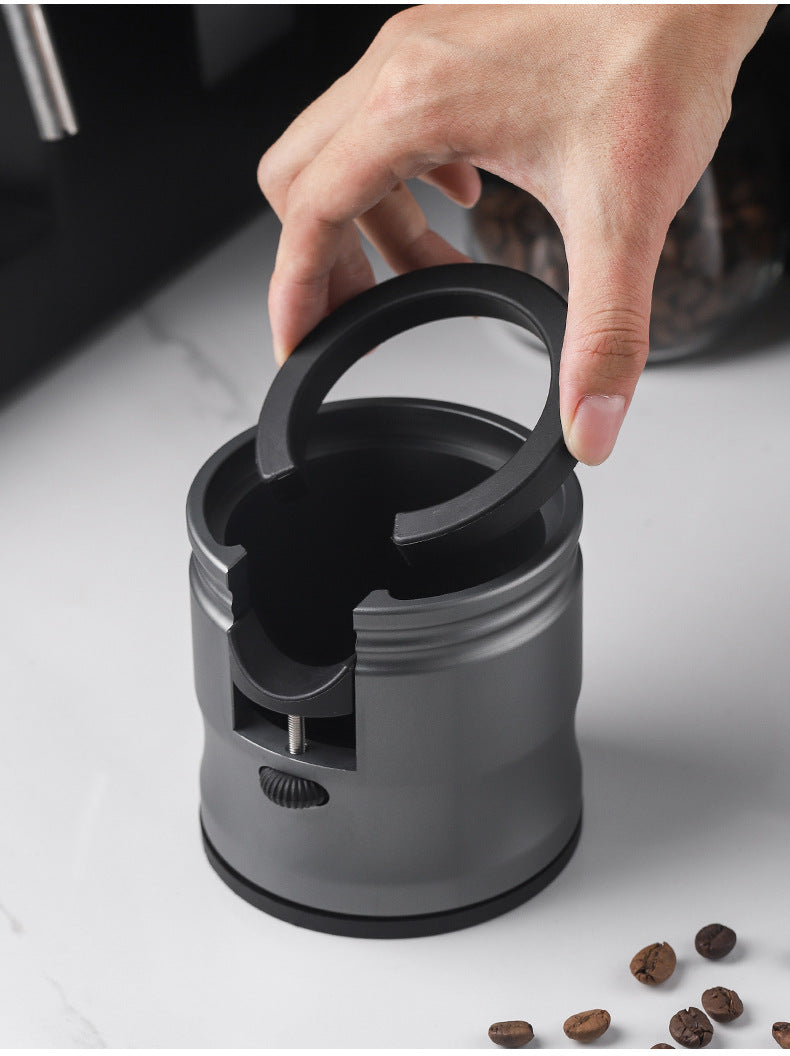 Dark Grey Round Professional Aluminum Espresso Tamping Station - Adjustable Portafilter Holder Stand