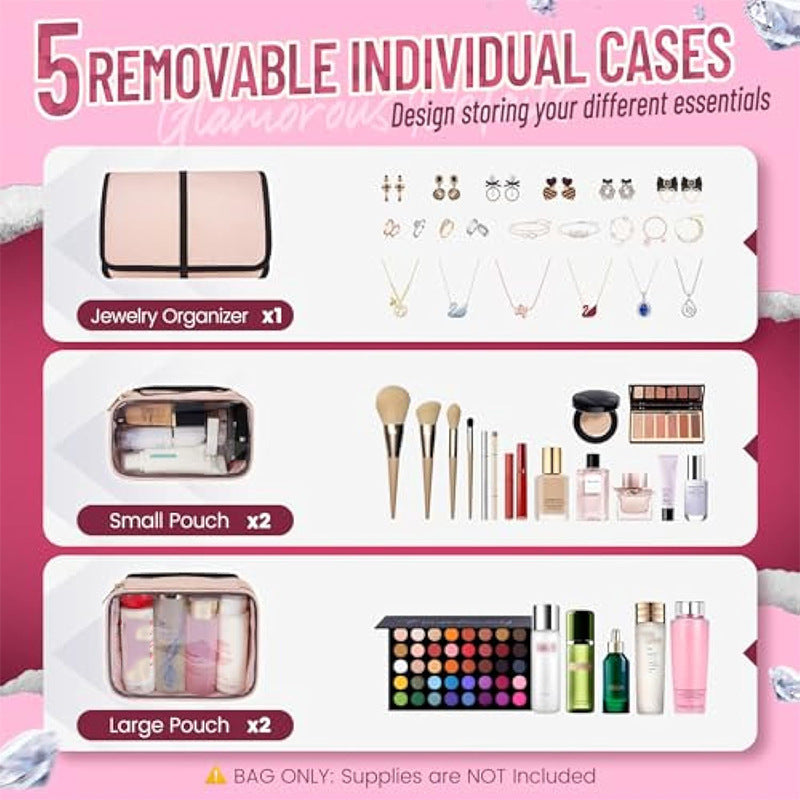 Travel Makeup Organizer Bag - 4 Detachable Compartments, Jewelry Roll & Multiple Pouches