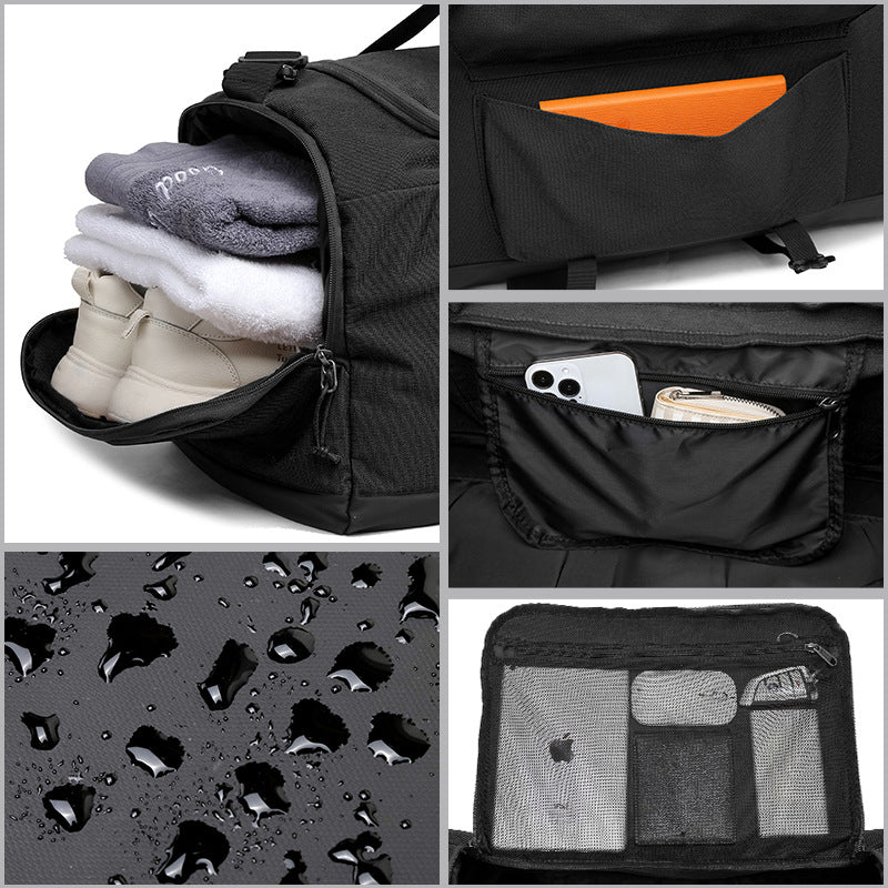 Black Dry Wet Separation Gym Bag - Yoga Fitness Travel Duffel - Shoe Compartment