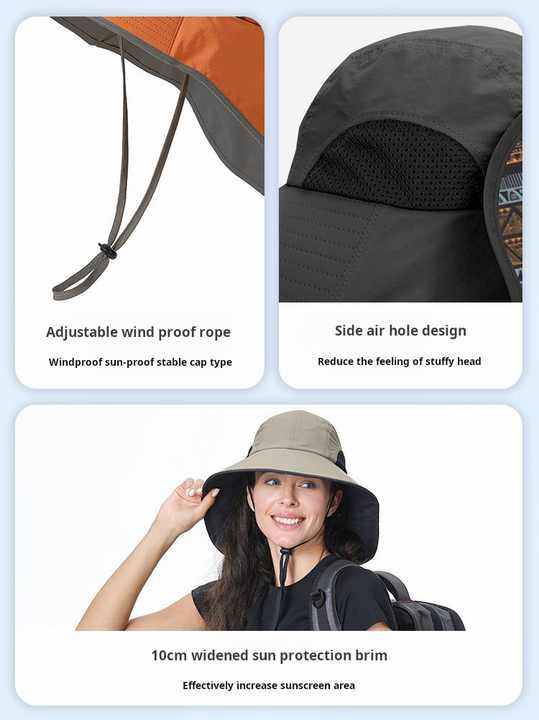 Blue Wide Brim Sun Hat with Cape - Foldable UV Protection - 10cm Brim