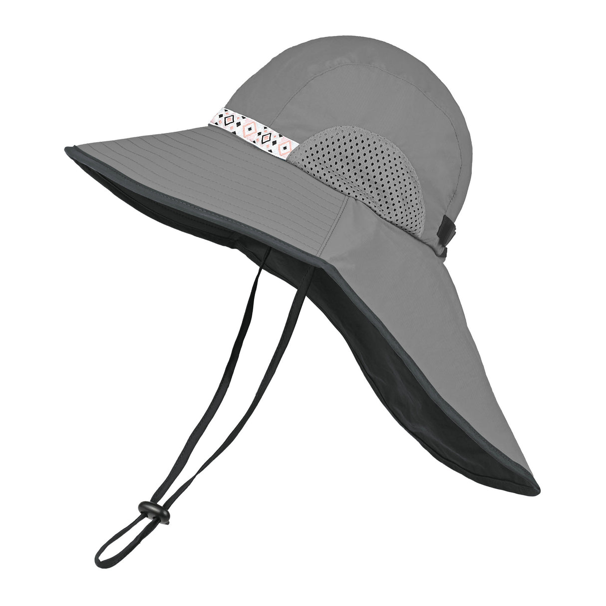 Grey Wide Brim Sun Hat with Cape - Foldable UV Protection - 10cm Brim