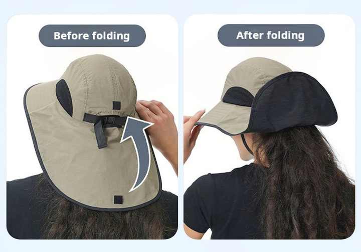 Beige (Beige webbing) Wide Brim Sun Hat with Cape - Foldable UV Protection - 10cm Brim