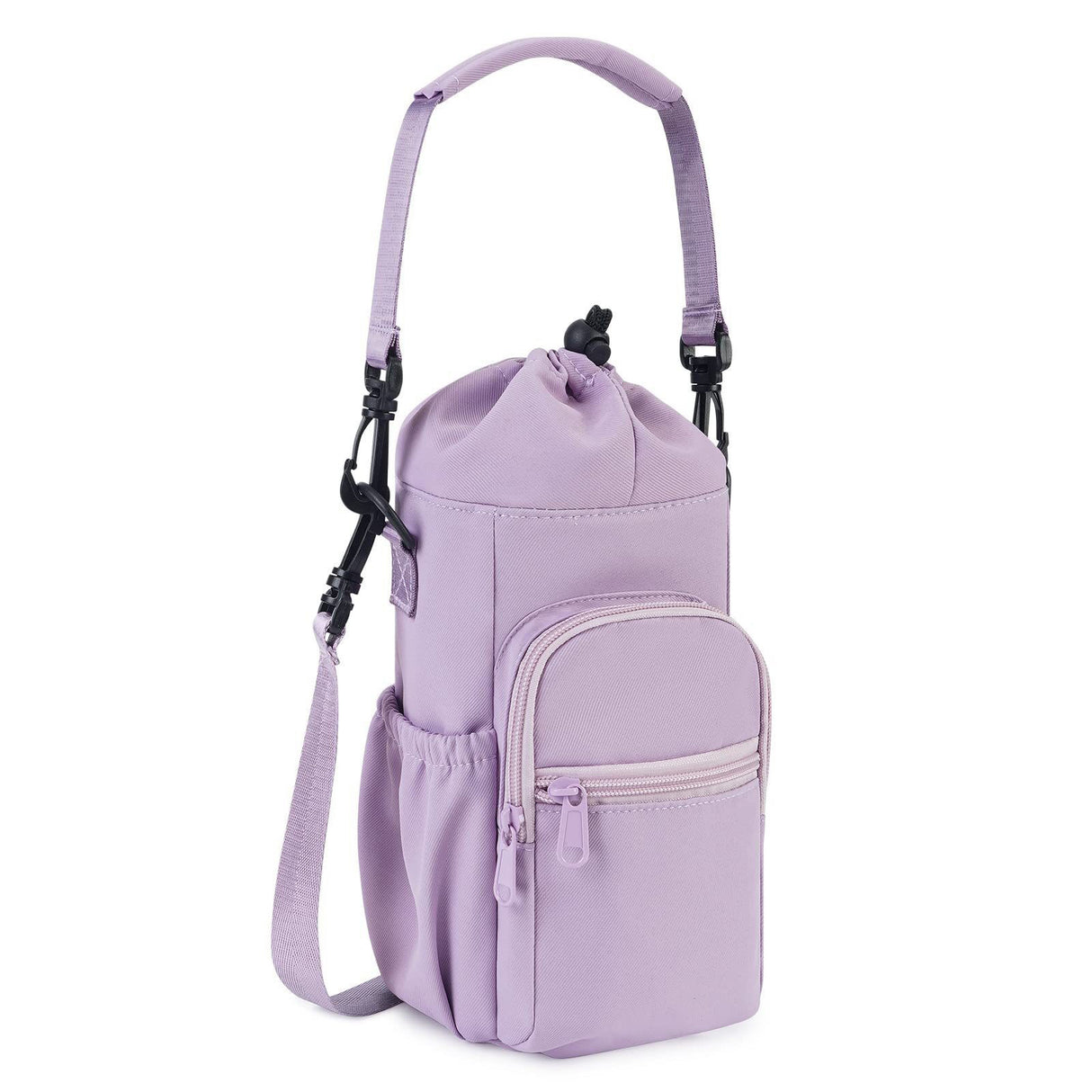 Purple Insulated Cup Holder Bag with Adjustable Strap - Water Bottle Carrier with Lock Drawstring & Heatproof Handle