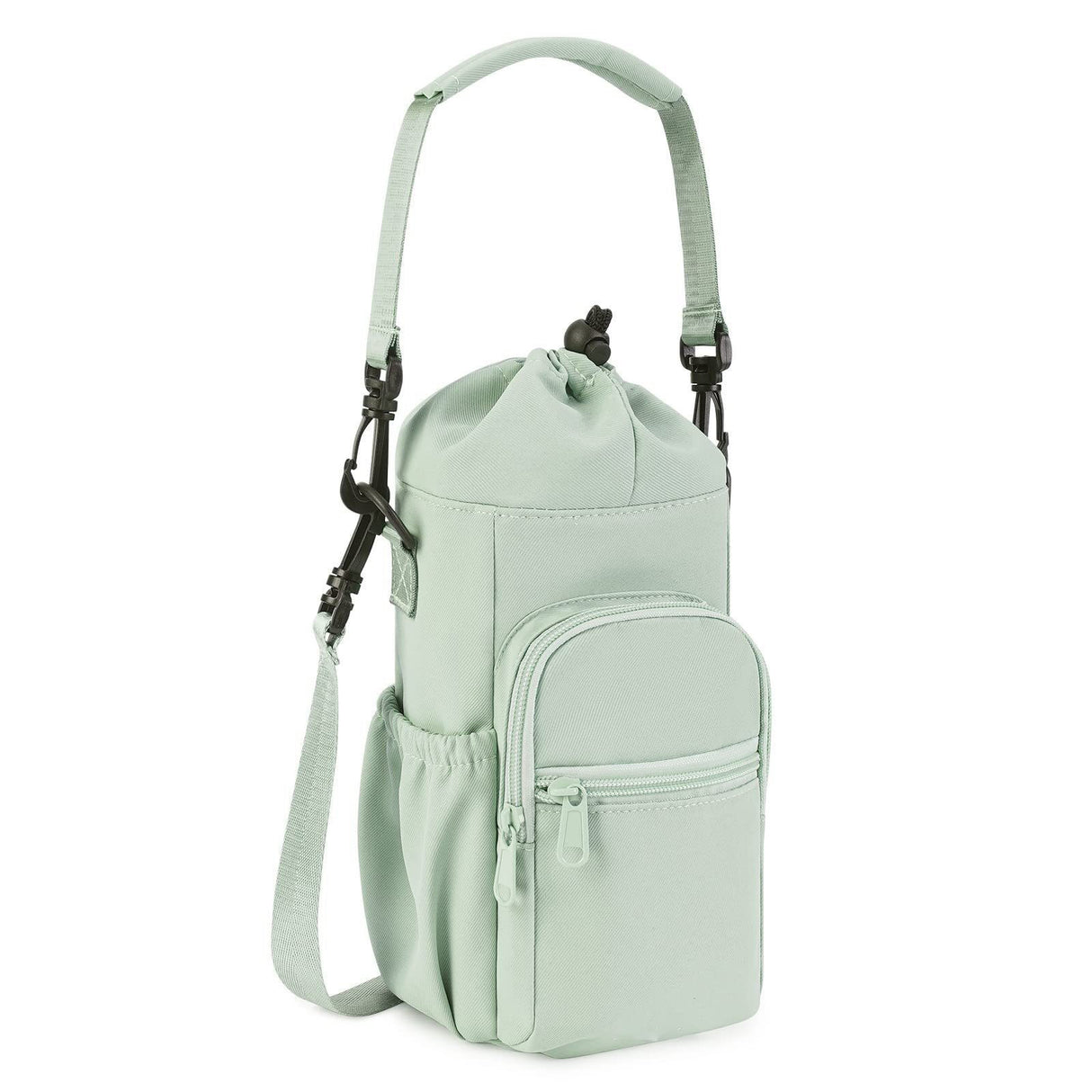 Green Insulated Cup Holder Bag with Adjustable Strap - Water Bottle Carrier with Lock Drawstring & Heatproof Handle