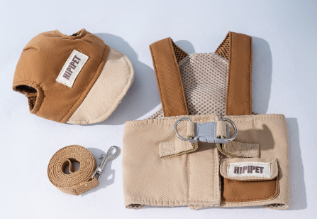 S Brown Pet Sun Hat with Adjustable Strap + Leash & Harness 3-Piece Set - Breathable Summer Cap for Dogs & Cats with Ear Holes