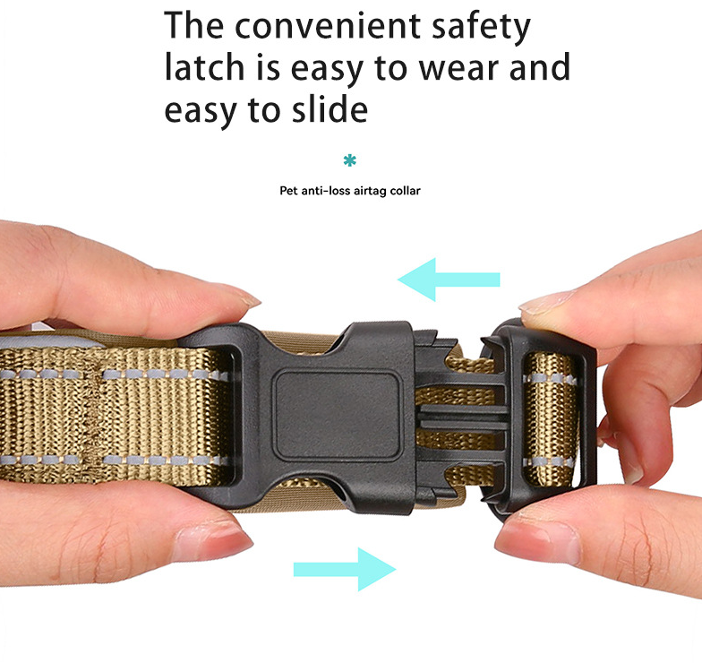 L Khaki Secure Nylon Dog Collar with Built-in Apple AirTag (not included) Holder Case - Pet Tracker Accessory