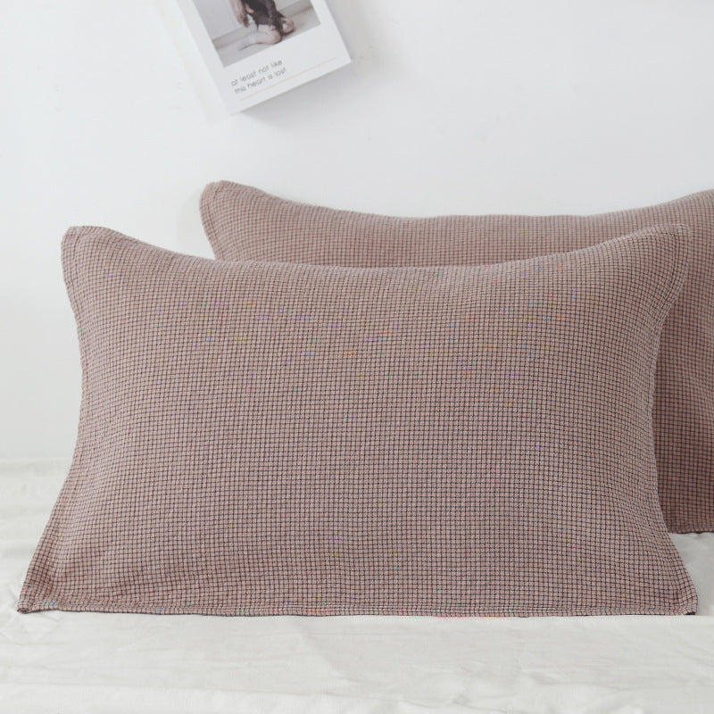 Brown Breathable 4-Layer Cotton Gauze Pillow Towel Pair - Japanese Style Grid (52x75cm)