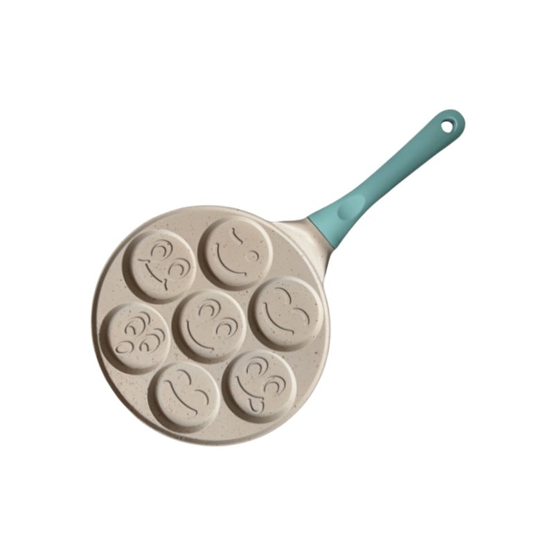 Beige Smiley + Blue Handle (Gas Model) Non-Stick Pancake Pan - 7-Hole Fun Shapes Breakfast Griddle (27cm)