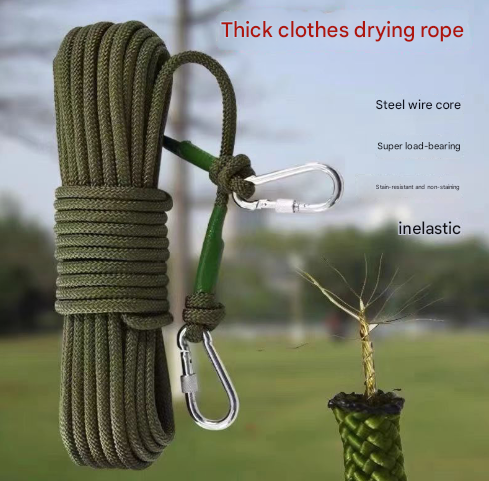 Green With Wire Core Heavy Duty Adjustable Clothesline Set (4 Pack) - 15m Steel Wire Core Nylon Rope with Hooks for Outdoor & Camping