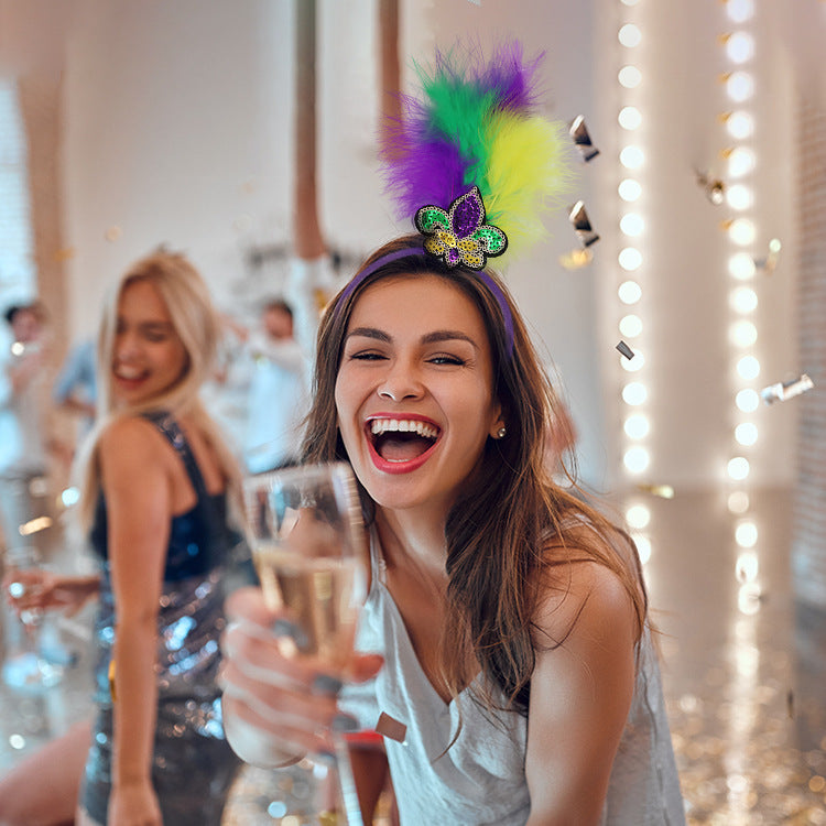 Masks Pattern Festive Mardi Gras Feather Headband Set - 10 Pack Sequin Jester Hat Party Accessory