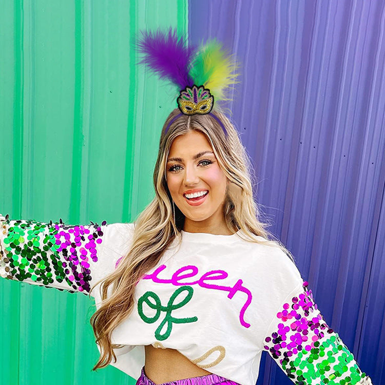 Green Clown Pattern Festive Mardi Gras Feather Headband Set - 10 Pack Sequin Jester Hat Party Accessory